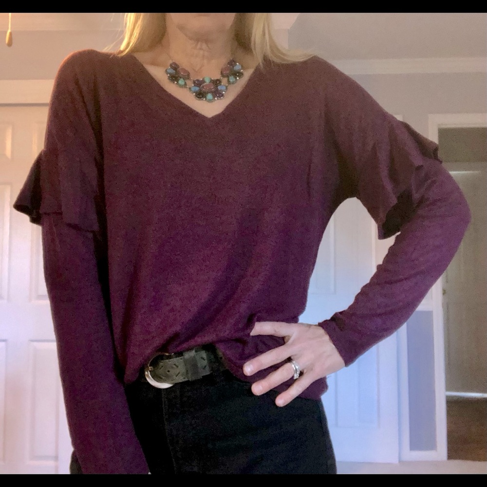 "Promesa" brand, drop shoulder, ruffle sleeve, v-neck brushed knit top -size L